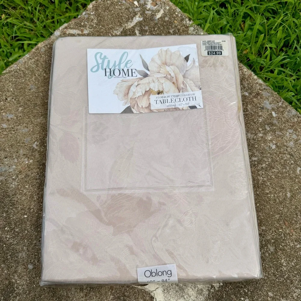 Vintage Style Home Floral Butterfly‎ Damask Tablecloth Oblong 60x84 Beige New